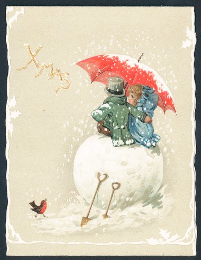 Couple assis sur une boule de neige géante, Carte de Noël - English School