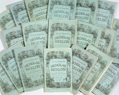 Couvertures des éditions mensuelles de La Vie et les Aventures de Nicholas Nickleby par Charles Dickens (1812-70), publiées en 1839 - English School
