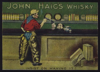 Cowboy dans un saloon, publicité pour le whisky John Haig - English School