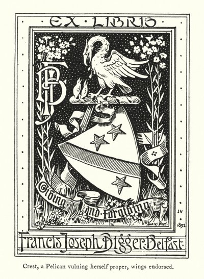 Cimier, un pélican se blessant, ailes soutenues (gravure) - English School