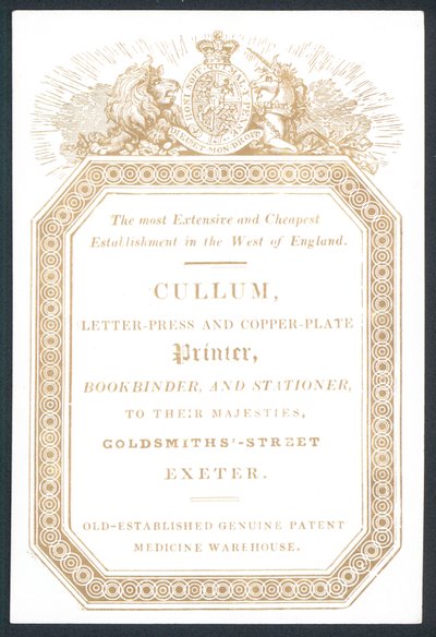 Cullum, imprimeur en typographie et en cuivre, carte de visite - English School