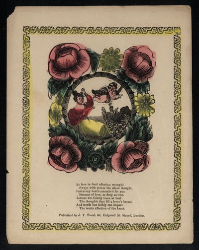 Cupidon et femme dans un jardin entouré de fleurs, poème d