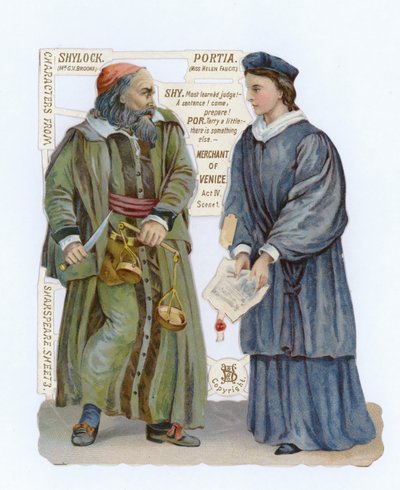 Découpage de Shylock et Portia du Marchand de Venise - English School