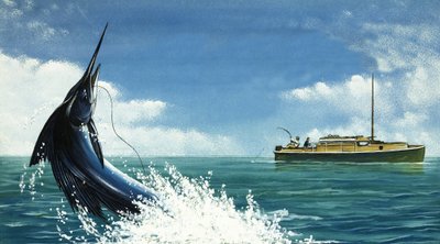 Pêcheur en haute mer attrapant un espadon - English School