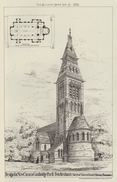 Conception pour une nouvelle église, Cambridge Park, Twickenham, croquis de la tour et du chœur (gravure) - English School