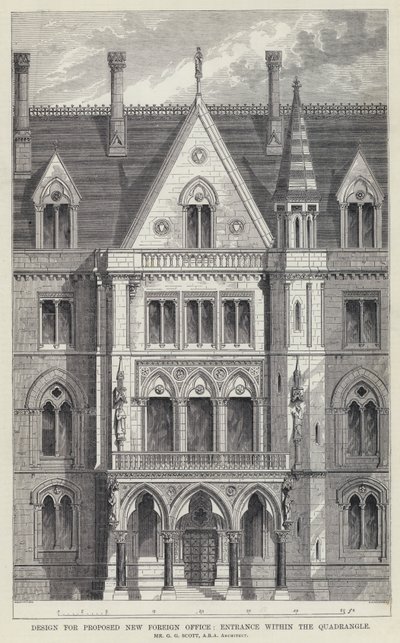 Conception pour le nouveau ministère des Affaires étrangères proposé, entrée dans la cour (gravure) - English School