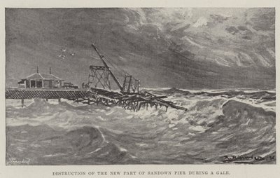 Destruction de la nouvelle partie de la jetée de Sandown pendant une tempête (gravure) - English School
