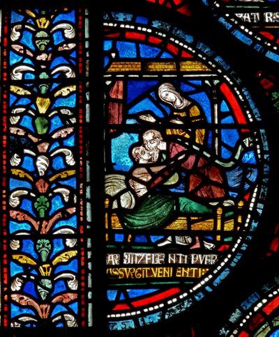 Détail de la fenêtre des Miracles représentant John Roxborough et Henry Beche - English School