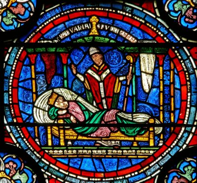 (détail) de la fenêtre du Miracle représentant le roi Louis VII informé par Thomas d
