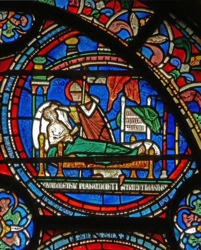 (détail) de la fenêtre du Miracle : Saint Thomas visitant un homme malade dans son sommeil - English School