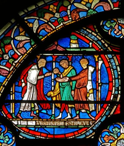 (détail) de la fenêtre du Miracle : pèlerins guéris au sanctuaire de Saint Thomas - English School