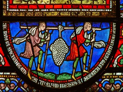 Détail de la fenêtre est de la chapelle de la Trinité représentant les espions et les raisins - English School