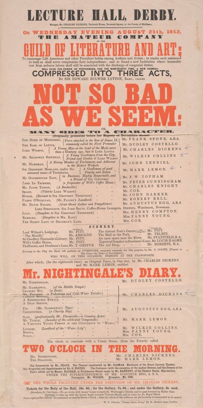 Affiche de Dickens : Not So Bad As We Seem au Lecture Hall, Derby, programme du 25 août 1852 - English School