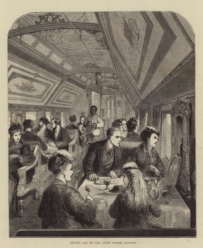 Wagon-restaurant sur le chemin de fer Union Pacific (gravure) - English School