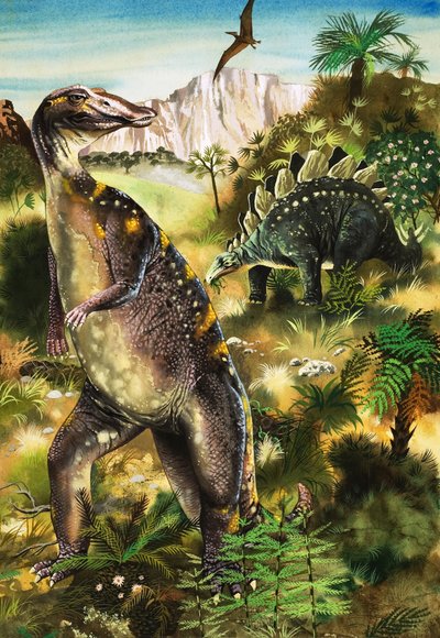 Dinosaures, illustration de "When Monsters Ruled the Earth" (gouache sur papier) - English School