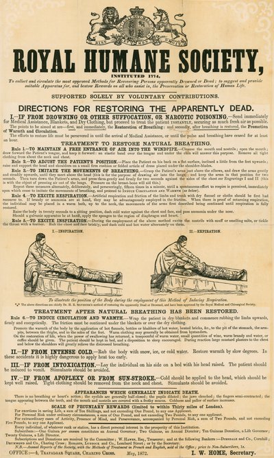 Instructions pour réanimer les morts apparents ; publié par la Royal Humane Society, mai 1872 - English School
