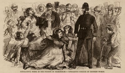 Scène honteuse dans les rues de Birmingham, conduite tapageuse de femmes ivres (gravure) - English School