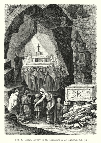 Service divin dans les catacombes de Saint-Calixte, 50 après J.-C. - English School