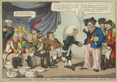 Docteur Boney amenant les puissances à Pot, ou John Bull et ses amis plutôt timides, pub. 1808 (gravure en couleur) - English School