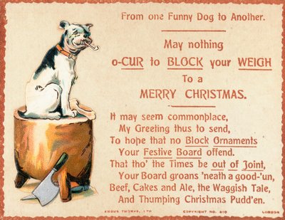 Chien assis sur une bûche, carte de Noël - English School