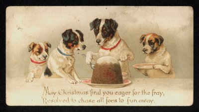 Chiens servant un pudding de Noël, carte de vœux - English School