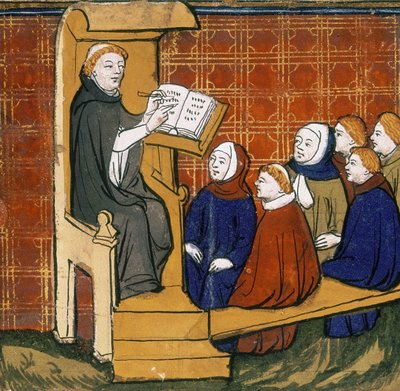 Enseignant dominicain, assis avec un livre placé sur un lutrin, avec des élèves assis par terre devant lui. "Livre des Propriétés des Choses", début du XVe siècle. - English School
