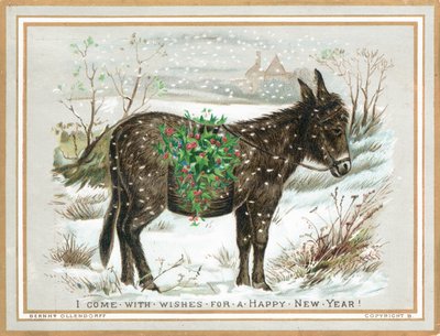 Âne portant du houx dans la neige, carte de Nouvel An - English School