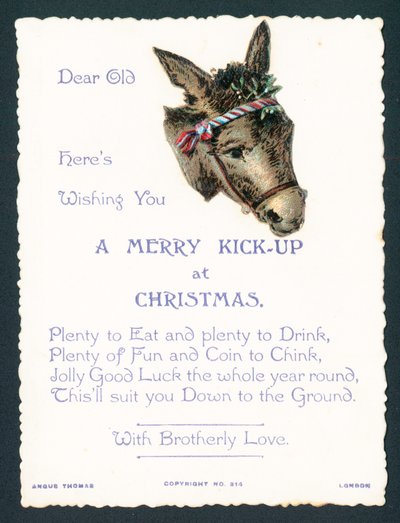 Âne avec du gui dans le harnais, carte de Noël - English School