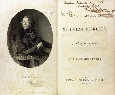 Double page avec un portrait de Dickens, et une dédicace de Dickens à William Harrison Ainsworth - English School