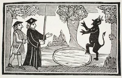 Dr. Faustus invoque le Diable, illustration de Chap-books du XVIIIe siècle par John Ashton, pub. 1882 - English School