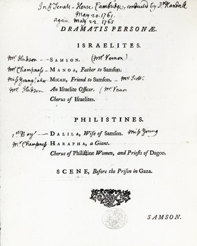 Personnages dramatiques pour Samson, un oratorio de Haendel - English School