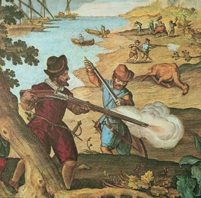Marins hollandais armés de mousquets à mèche, tirant sur des chameaux pour réapprovisionner leurs navires - English School