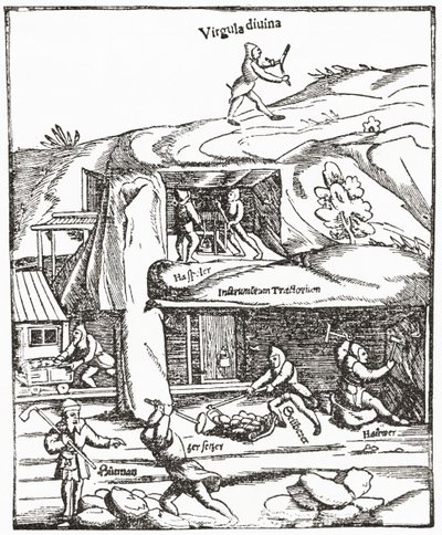 Représentation ancienne de la baguette de sourcier, montrant une figure avec une baguette de sourcier au-dessus du sol cherchant de l