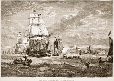 Navires de la Compagnie des Indes orientales quittant Woolwich, illustration de Cassell