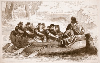 Edgar le Pacifique ramé sur la rivière Dee par huit princes tributaires, illustration de Cassells Illustrated History of England - English School