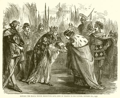 Édouard le Prince Noir présentant le roi Jean de France à son père, Édouard III, 1357 - English School