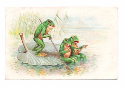 Carte postale édouardienne représentant deux grenouilles assises sur un bateau de nénuphars tandis qu