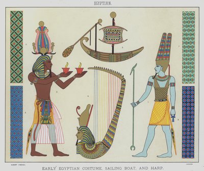 Égyptien, costume égyptien ancien, bateau à voile et harpe - English School