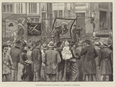 Procession du mouvement des huit heures à Melbourne, Australie (gravure) - English School