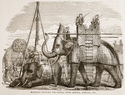 Éléphant équipé pour la bataille, avec armure, howdah, etc., illustration de Cassell