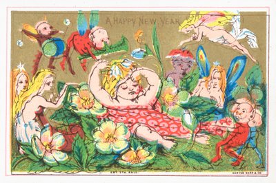 Lutins et anges célébrant le Nouvel An, Carte de Nouvel An - English School