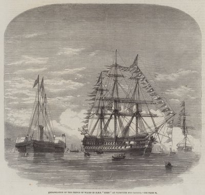 Embarquement du prince de Galles dans le HMS "Hero" à Plymouth pour le Canada (gravure) - English School