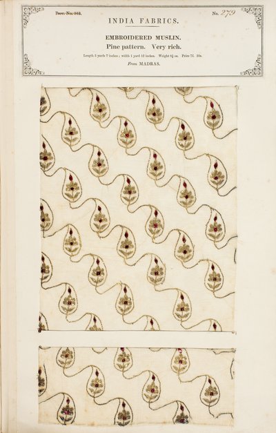 Échantillon de mousseline brodée de Madras, de The Collection of the Textile Manufacturers of India, par John Forbes Watson, publié en 1866 - English School