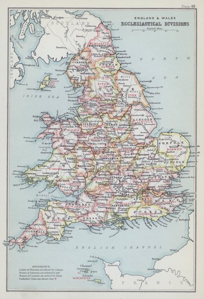 Angleterre et Pays de Galles, divisions ecclésiastiques (lithographie couleur) - English School