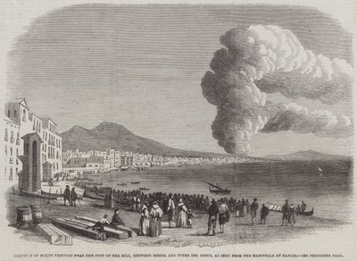 Éruption du mont Vésuve près du pied de la colline, entre Resina et Torre del Greco, vue de la Marinella à Naples (gravure) - English School