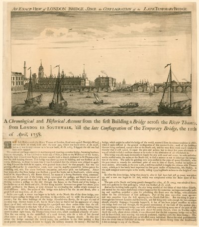 Vue exacte du pont de Londres depuis la conflagration du dernier pont temporaire, 11 avril 1758 - English School