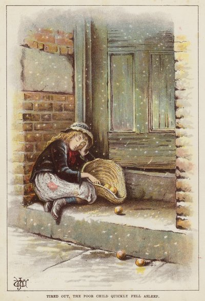 Enfant épuisé endormi sur un seuil dans la neige (chromolithographie) - English School