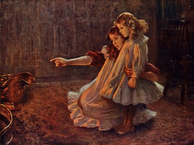Visages dans les flammes : femme et enfant regardant dans un feu - English School