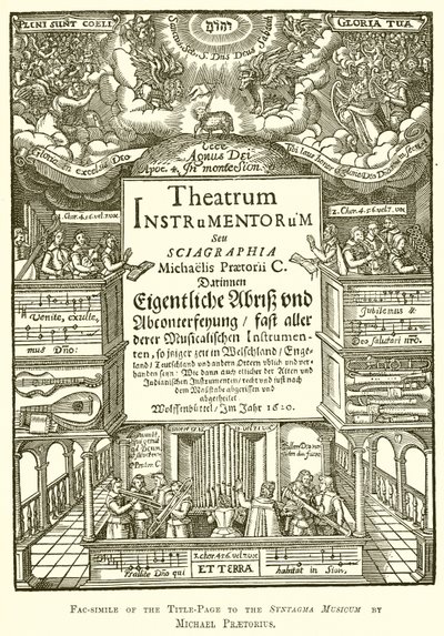 Fac-similé de la page de titre du Syntagma Musicum par Michael Praetorius - English School