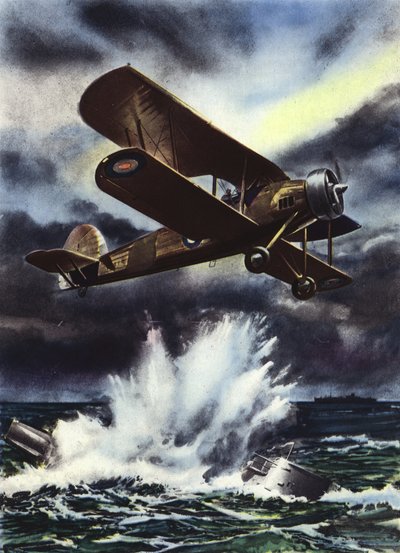 Fairey Swordfish coulant un sous-marin dans la mer du Nord - English School